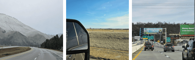 A triptych of images shows: a highway curving by snow-dusted hills, a car mirror reflecting a rural road, and cars approaching highway signs near a city—much like navigating routes in effective email marketing.