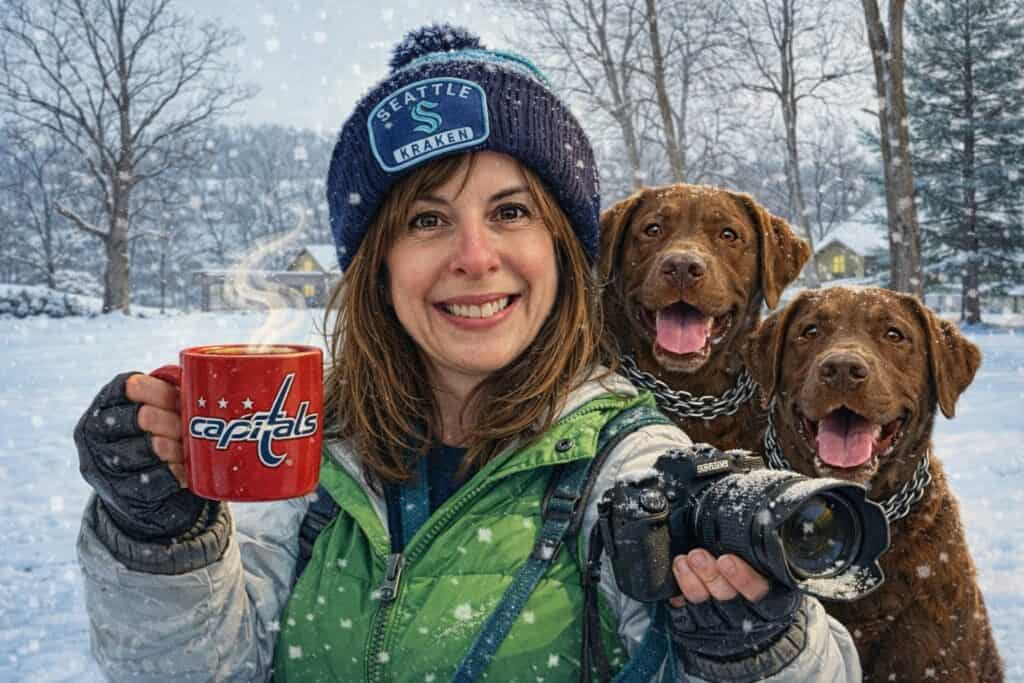 Woman in winter gear holding a red Capitals mug and camera, standing in snow with two brown dogs. Snow is falling, and trees and houses are visible in the background.